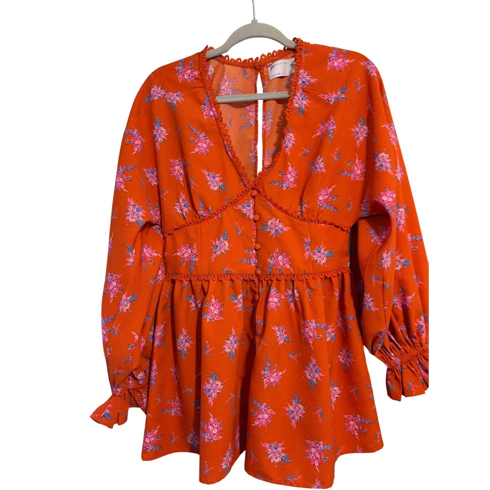 ASOS‎ DESIGN Mini Romper Womens Size 6 Orange Pink Floral Crochet Lace V-Neck
